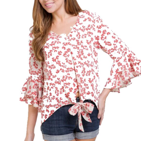 Baevely Floral Tie-Front Blouse - Red and White Size Small - Picture 1 of 8